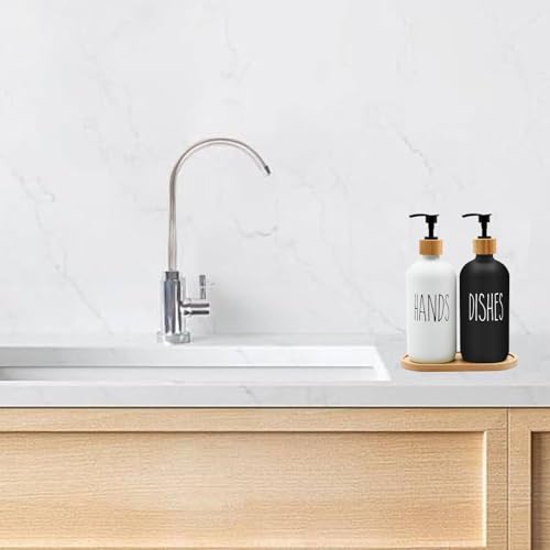 Glass Soap Dispenser Set, 16 OZ Hand and Dish Soap Dispenser Set with Bamboo Tray Modern Farmhouse Kitchen