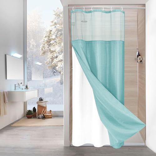 MitoVilla Teal Small Stall Shower Curtain 36 x 72, Turquoise Narrow Half Size Weave Fabric Shower Curtain with Water-Repellent Snap-in Liner for Aqua Modern Neutral Hotel Bathroom Decor - color: Teal, size: 36"W x 72"L (Pack of 1)