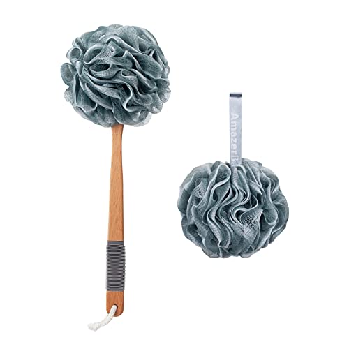 AmazerBath Shower Sponge Loofah Back Scrubber, PE Soft Mesh Loofah Body Scrubber with Long Wooden Handle, Bath Sponge for Men Women (Gray) - style: Gray