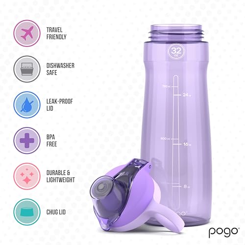 Pogo 32oz Plastic Water Bottle with Chug Lid and Carry Handle, Reusable, BPA Free, Dishwasher Safe, Perfect for Travel, School, Outdoors, and Gym, Lilac - color: Lilac, size: 32 Ounces