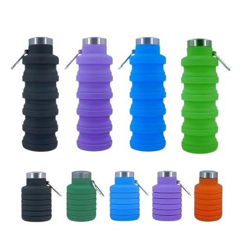 Collapsible Water Bottles，17oz Large capacity Silicone Water Bottle with Carabiner，Reusable Foldable Lightweight Sports Water Bottle for Travel Gym Camping Hiking (Black+Purple+Blue+Green) - color: Black+Purple+Blue+Green