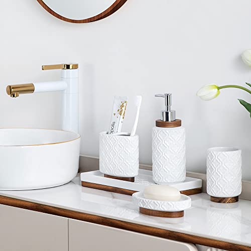 RQYIXI 6Pcs Ceramic Bathroom Accessories Set,Cream White,Embossed Textured | Ceramic & Wooden Bathroom set includes: Soap Dispenser Toothbrush Holder Tray Tumbler Soap Dish Trash Can - color: B-white