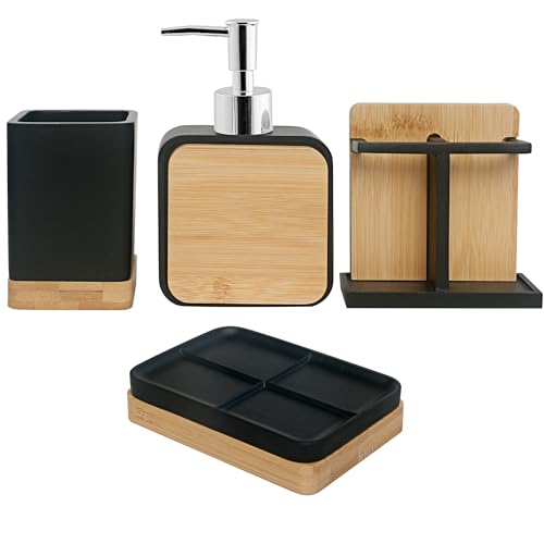 Bathroom Accessories Set with Cup, Toothbrush Holder, Soap Dishes and Soap Dispenser, Vanity Decoration, New Home Gift, Black with Bamboo