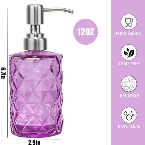 12Oz Purple Glass Soap Dispenser with Stainless Steel Pump, Refillable Kitchen Liquid Hand Soap Dispenser with Diamond Design, for Dispense Hand soap, Dish Soap, Lotion, Bathroom, Countertop, Hotel - color: Purple Diamond