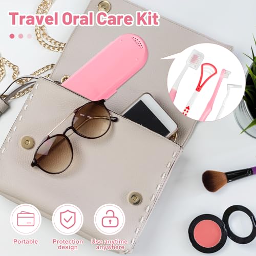 7-in-1 Travel Oral Care Kit with Case – Toothbrush, Tongue Scraper, Wisdom Toothbrush, Dental Floss, Floss Threaders, Interdental Brush, Dental Wax, Portable Hygiene Set for Daily Use Travel (Pink) - color: Pink