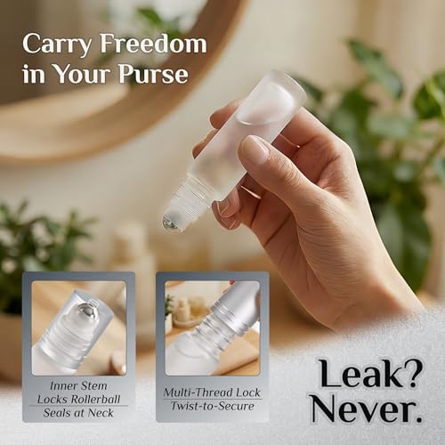 PrettyCare 12 Pack, 10 ml Essential Oil Roller Bottles with Stainless Steel Roller Ball - Refillable Leak-proof Empty Thick Clear Glass Roll on Bottles with Silver Caps for Travel, Perfume - color: Frosted with Silver Cap, size: 12 Pack