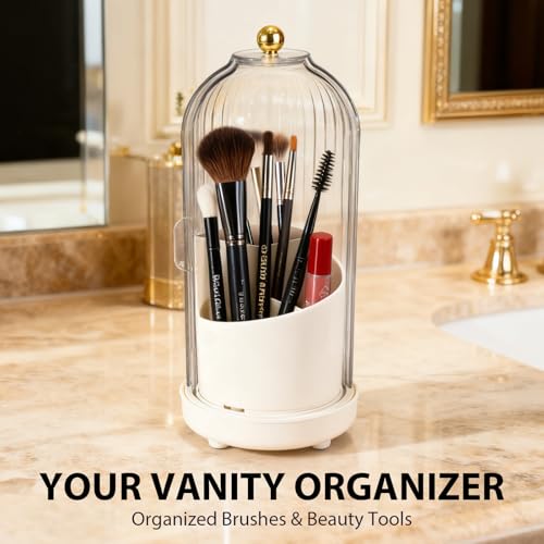 3-Slot Rotating Toothbrush Holders with Lid, Enclosed Toothbrush Holders for Bathrooms, Countertop Plastic Toothpaste Holder with Cover, Makeup Brush Holder for Vanity, Utensil Storage(White)