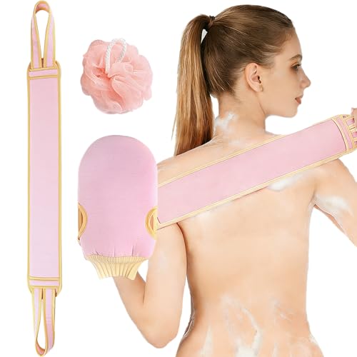 Exfoliating Glove and Back Scrubber for Shower - 3-Piece Exfoliating Mitt Set with Bath Sponge - Deep Skin Cleansing Body Scrubber for Dead Skin Removal, Self-Tan (Pink) - color: Pink