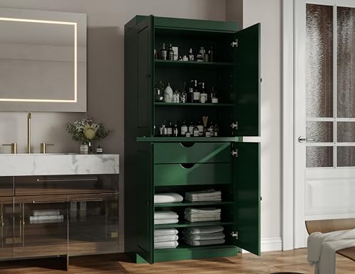 Palace Imports Solid Wood Tall Bathroom Pantry Cabinet with 4 Wooden Doors & Adjustable Shelves, Green - 100% Eco-Friendly, Renewable, Space-Saving Storage, 71.5" H x 32" W, Made in Brazil - color: Green
