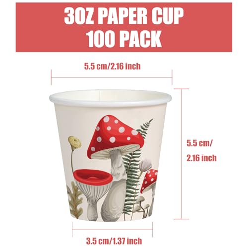 WRAPAHOLIC 3oz Mushroom Paper Cups - 100 Pack Disposable Bathroom Cups with Red Mushroom Design, Small Mouthwash Cup for Toothbrush Rinse, Home Bathroom, Birthday, Fall and Baby Shower - color: Red Mushroom