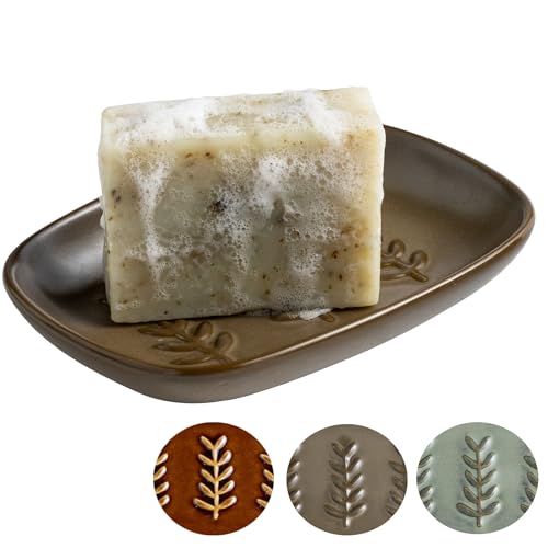 Miamolo Soap Dish Soap Holder Shower, Ceramic Soap Dishes for Bar Soap Sponge, Farmhouse Shower Soap Dish, Large Soap Saver Tray for Bathroom Kitchen Sink, Easy Cleaning, Extend Soap Life, Brown - color: Brown, size: Leaf Design