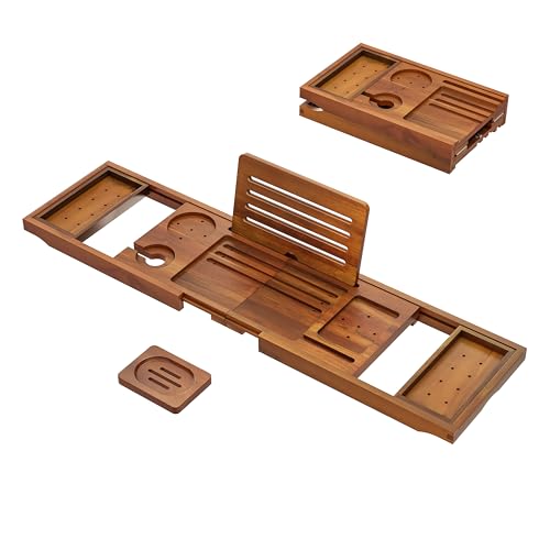 Premium Foldable Teak Bathtub Tray, Expandable Bath Tray for Tub, Luxury Bathtub & Bathroom Accessories - color: Teak