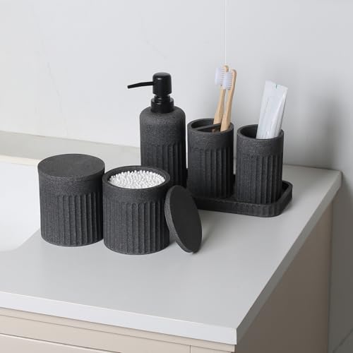 INIUNIK Bathroom Accessory Set - 6 Pieces Bathroom Accessories Set Complete with Soap Dispenser, Toothbrush Holders, Tumbler, Vanity Tray and 2 Qtip Holder for Home Organizer and Decor, Dark Grey - color: Dark Grey