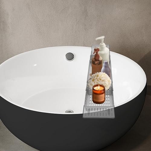 Bathtub Caddy Tray for Luxury Bathroom Bath Tub Table Tray Shelf for Shower Adjustable Expandable Bath Trays Clear Gray
