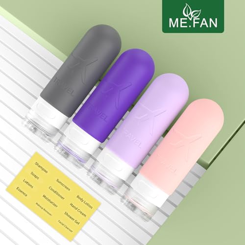 ME.FAN Travel Bottles for Toiletries,3oz Silicone Travel Size Containers, TSA Approved Squeezable Portable Split Bottle, Travel Accessories for Conditioner Shampoo Lotion - 4 Pack Purple - color: Purple