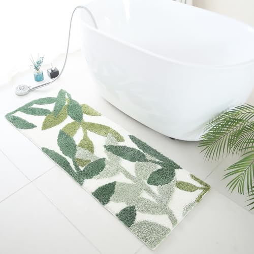Long Bathroom Runner Rugs- Green Leaves Bathmats Strong Water Aabsorbent Bath Rug with Non Slip Back Large Cute Bathroom Mat for Bathtub Shower Wash Basin 17.5x47 IN/45x120 CM - color: Leaves C, size: 1'6" x 3'11" (Rectangular)