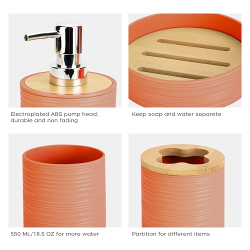 4 PCS Orange Bathroom Accessories Set, Includes a Soap Dispenser, Toothbrush Holder, Soap Dish and Mouthwash Cup, Plastics & Bamboo Bathroom Set, Bohemian Style Bathroom Sink Set - color: Orange, size: 4 PCS