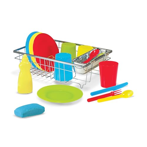 Melissa & Doug Wash and Dry Dish Set - 24 Pieces Kids Play Dishes, Play Kitchen Accessories, Toy Dishes for Kids Kitchen Ages 3+