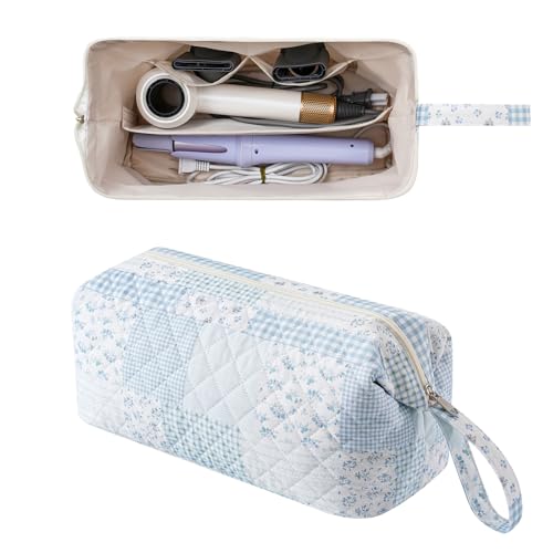 Large Quilted Hair Tools Travel Bag,Hair Styling Accessories Storage Case for Hair Dryer,Curling Iron,Flat Irons,Straightener and Attachments,Portable Organizer with Removable Dividers(18Blue Check) - color: 18Blue Check