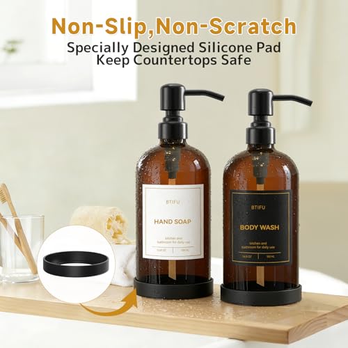 Kitchen Soap Dispenser Set – 16.8oz/500ml Glass Hand and Dish Soap Dispenser with Stainless Steel Pumps & Non-Slip Silicone Base, Luxury Countertop Decor for Home, Airbnb, Hotel (Amber & Black) - color: Amber & Black