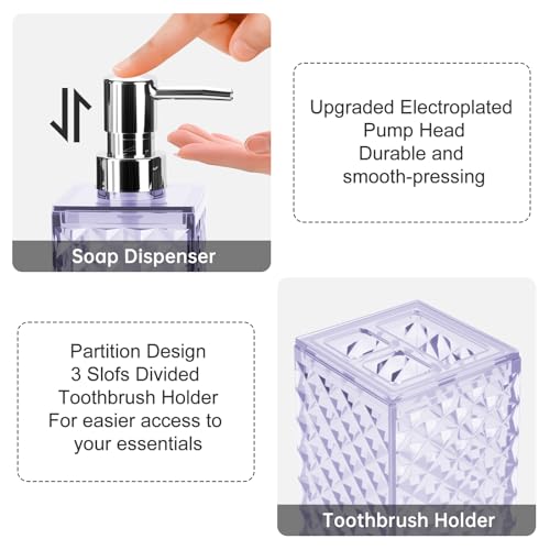 Bathroom Accessories Set 2 PCS, Purple Bathroom Accessories Include Soap Dispenser and Toothbrush Holder, Diamond Pattern Bathroom Set for Boho Bathroom Decor - color: Purple