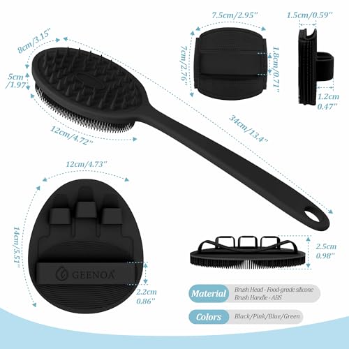 Silicone Back & Face Scrubber & Bath Glove Set 3PCS, 13.4'' Gentle Back Scrubber with Dual-Side Head, 360° Anti-Slip Bath Glove, Unique Side-bristled Face Scrubber for All-round Cleaning(Black) - color: Black*3