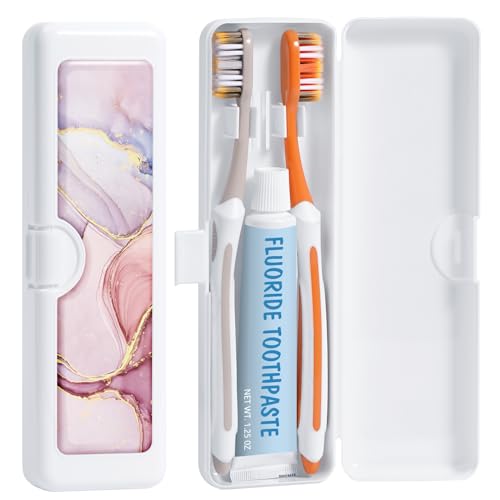 Toothbrush Travel Case - Colorful Pattern, Holder and Covers for Toothbrushes, Includes Tongue Scraper Case - color: Pink Marble, size: Large