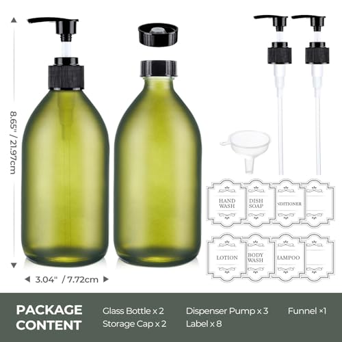 16 oz Frosted Green Glass Soap Dispenser with Pump, Glass Pump Bottle for Lotion Body Oil, 500ml Hand and Dish Soap Dispensers Set with Storage Caps, Labels - 2 Pack - color: Green