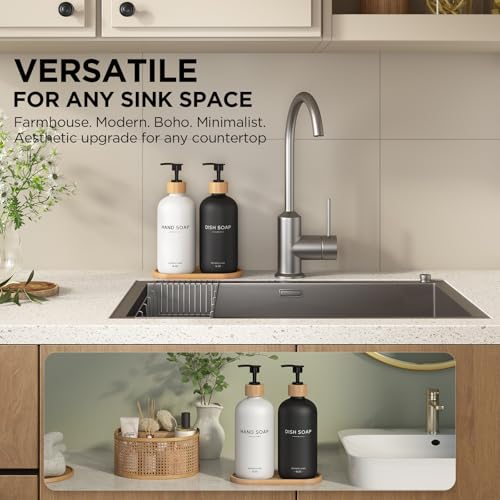 Hand and Dish Soap Dispenser Set,16oz Glass Bottles with Bamboo Pumps & Tray,Countertop Soap Dispensers for Kitchen,Luxury, Minimalist & Farmhouse Decor - color: Hand Dish (Black/White)