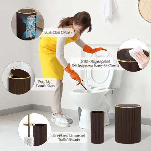 Brown Bathroom Accessories Set, 10PC Bathroom Set, Bath Accessory with Pop Up Trash Can, Soap Dispenser, Toilet Brush, Toothbrush Set Qtip Holders & Tray - color: Brown & Gold, size: 10-Piece Set (Accessories Only)