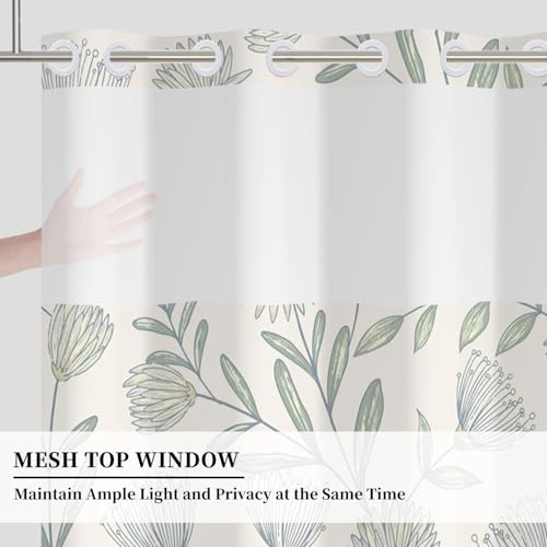 No Hook Botanical Shower Curtain with Snap in Liner Set 71x74 Inch | Sage Green Floral Shower Curtains for Farmhouse Bathroom, Minimalist Wildflower Waterproof Fabric with Mesh Top Window - color: Floral-b