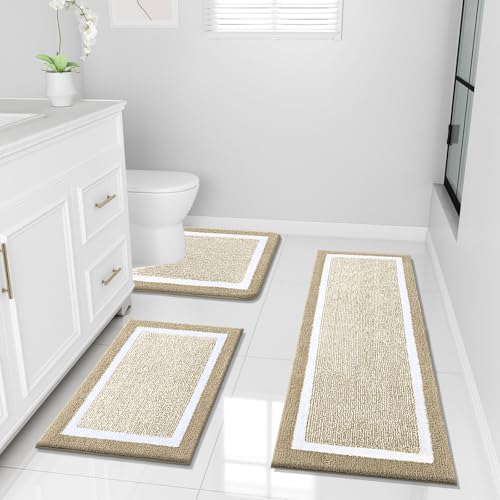 OLANLY Bathroom Rugs Sets 3 Piece, Soft Absorbent Microfiber Bath Mats and U-Shaped Contour Toilet Rug, Home Decor Accessories, Non-Slip, Bath Mat Set for Bathroom (47"x20"+24"x16"+24"x20", Beige) - color: Beige and White, size: 47" X 20" + 24" X 16" + U