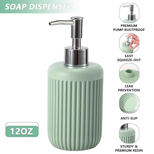 XLHOMO Resin Light Green Bathroom Accessories Set 5 Pcs, Lotion Soap Dispenser, Toothbrush Holder, Bathroom Tumbler, Qtip Holder and Vanity Tray, Bathroom Countertop Organizer Set for Modern Apartment - color: Green, size: Resin Bath Set