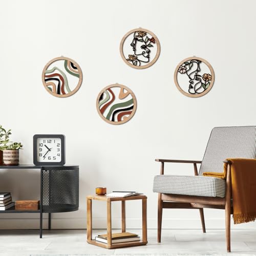 HPNIUB Boho Fashion Woman Wall Decor, Abstract Geometric Line Hanging Wooden Wall Art, 4 Pieces 10''x10'' Minimalist Aesthetic Female Women Face and Floral Wood Sign for Bedroom Living Room, Lady Gift - color: colorful