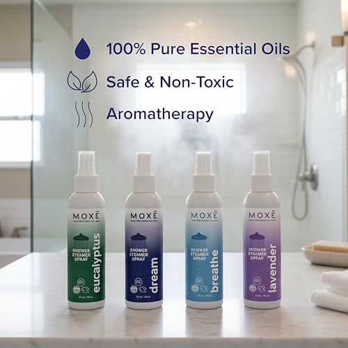MOXE Aromatherapy Shower Mist Variety Pack, Eucalyptus, Lavender, Breathe and Dream, Spa Steam Spray, Natural 100% Essential Oils, Aromatherapy, Sinus Congestion Relief, 4 Pack (8oz) - color: Variety Pack, size: 2 Fl Oz (Pack of 4)