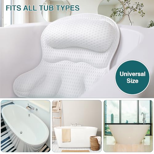 Bathtub Tray and Bath Pillows for Tub – Expandable Bamboo Bathtub Caddy with Phone & Wine Holder, Soft Bath Pillows for Tub & Head/Neck Support