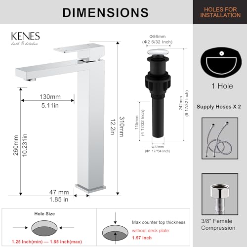 KENES Chrome Bowl Vessel Sink Facuet Single Handle Tall Bathroom Sink Faucet Bathroom Vanity Faucet Basin Mixer Tap with Water Supply Lines and Pop Up Sink Drain, LJ-9031A-5 - color: Chrome, size: Tall