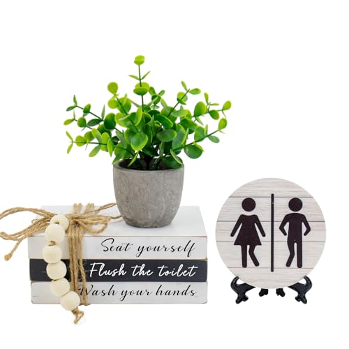 Bathroom Shelf Decor Signs, Book Stack and 3D Round Signs With Fake Plants, Funny Wooden Decor for Restroom Shelf Guest Bathroom (Flush the toilet) - color: Flush the toilet