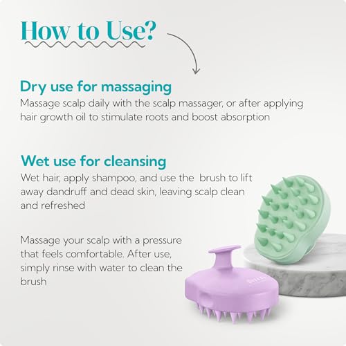 HEETA Scalp Massager 2 Pack for Hair Growth, Soft Silicone Bristles to Remove Dandruff and Relieve Itching, Scalp Scrubber for Hair Care Relax Scalp, Shampoo Brush for Wet Dry Hair, Purple & Green - color: 01- New Purple & Green