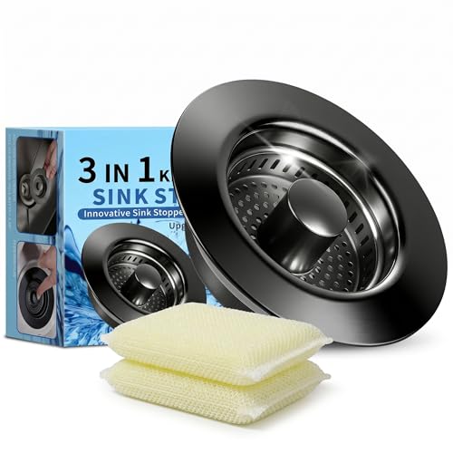 3-in-1 Kitchen Sink Drain Strainer & All-Purpose Sponges, 304 Stainless Steel Sink Stopper Pop-Up Drain Plug with Anti-Clogging Food Catcher Basket, Odor Blocker, Fits US Standard 3-1/2 Inch Sinks - color: Mattle Black