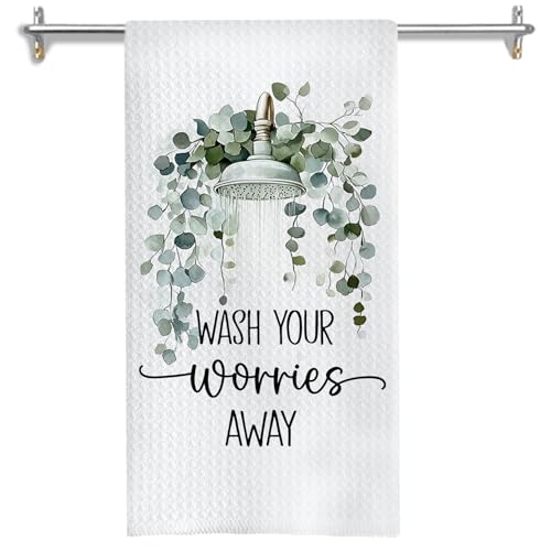 Sage Green Eucalyptus Leaves Bathroom Hand Towels, Wash Your Worries Away Botanical Funny Hand Towels for Bathroom Washroom Restroom Toilet Decor, 16x24 Inches - color: Wash Bathroom a