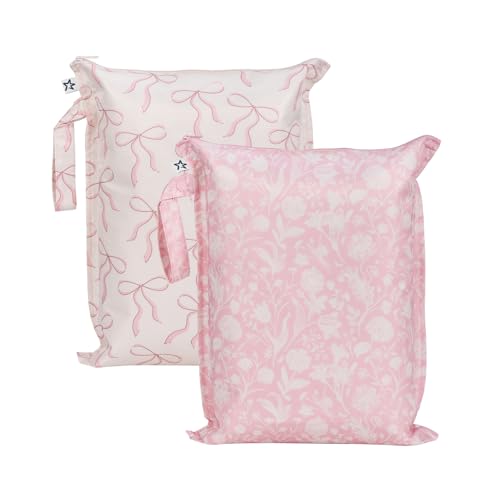 Tiny Twinkle Mess Proof Wet Bags | 2-Pack Reusable Waterproof Wet Bags for Swimsuits | Baby Clothes | Travel & Diaper Bag (Bows,Toile) - color: Bows,Toile, size: 2 Pack