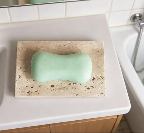 Natural Travertine Marble Soap Dish - Beige Brown Stone Soap Holder for Shower, Bathroom, Kitchen Sink Sponge & Jewelry Ring Tray