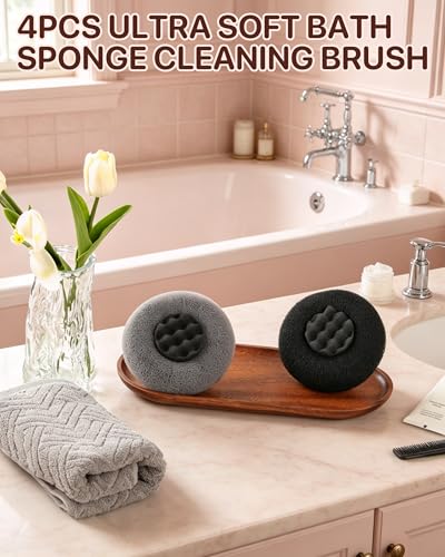 Super Soft Sunflower Suction Cup Bath Sponge loofah, 2026 Upgraded 2-in-1 Sunflower Ball Exfoliating Bath Sponge Cleaning Brush, Mesh Shower Body Sponge Accessories for Women, Men Shower (Black+Grey) - color: Black+grey