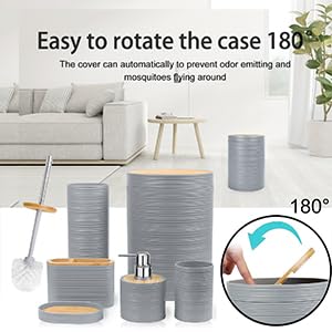 CERBIOR Bathroom Accessories Set 6 Piece Bamboo Bath Ensemble Includes Soap Dispenser, Toothbrush Holder, Toothbrush Cup, Soap Dish for Decorative Countertop and Housewarming Gift, Sriral Grey - style: Grey
