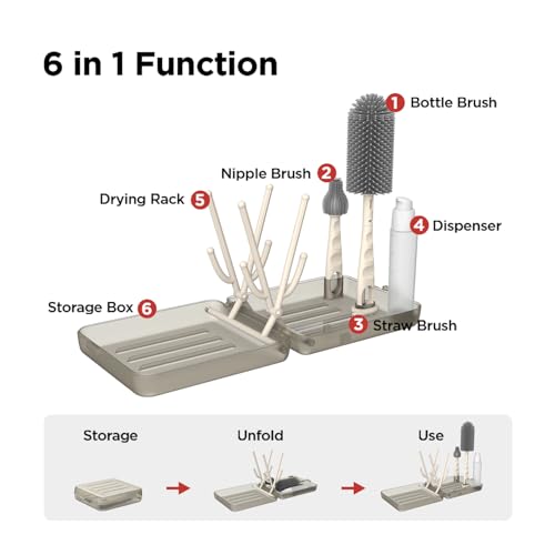 YOTIME Travel Bottle Brush Set, Auto-Open Rack & Vertical Brushs Drying Slots, 3 Brushes, Foldable Drying Rack, Dispenser, Travel Baby Essentials for On-The-Go Parents, Transparent Coffee - color: Transparent Coffee