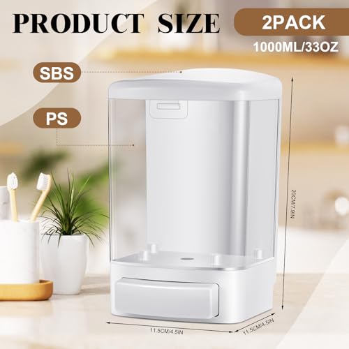 Hushee 2 Pcs Commercial Soap Dispenser Hand Wall Mounted Bathroom 33.8oz/1000ml Manual Soap Dispenser Liquid Containers with Pump White Shower Plastic Wash Wall Container Shampoo Gel for Kitchen Hotel - color: White, size: 33.8 oz 1000 ml