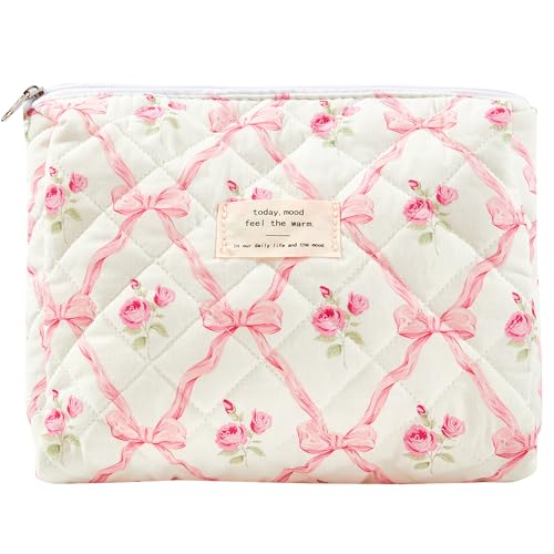 Sminra Makeup Bag Large Travel Quilted Cosmetic Makeup Bag Organizer, Floral Cotton Coquette Aesthetic Toiletry Bag for Women Girls (Pink Bow Flowers) - color: Pink Bow Flowers