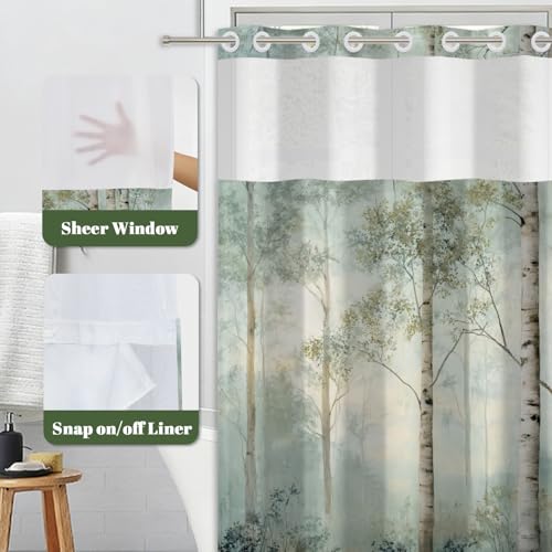 No Hook Shower Curtain and Liner Set, Watercolor Birch Tree Forest Print Shower Curtains for Modern Farmhouse Spa Bathroom, Misty Woodland Bath Curtain with Mesh Top, 71x74 Inch - color: Birch Trees