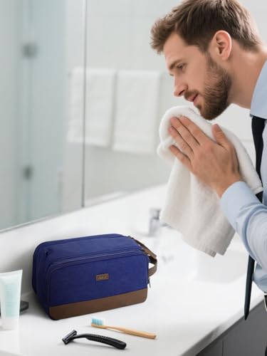 WANDF Toiletry Bag for Men Travel Toiletry Organizer Canvas and Leather Dopp Kit Water-Resistant Shaving Bag for Travel Accessories (Blue, Large) - color: L, Blue, size: Large